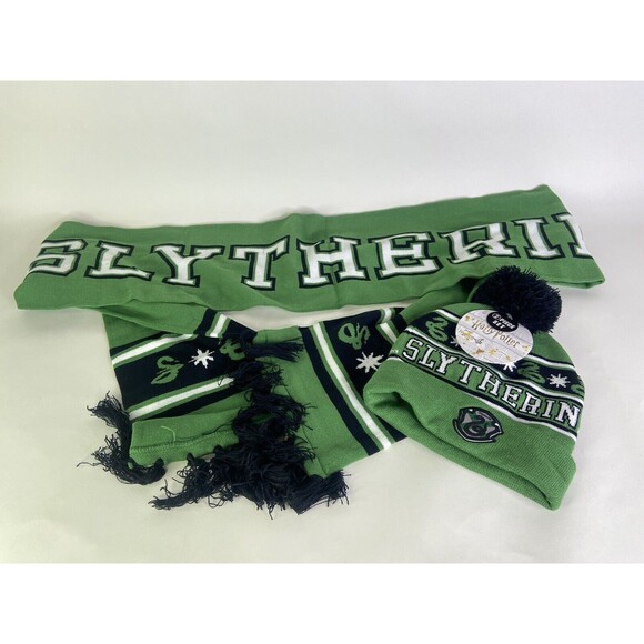 Harry Potter Slytherin Logo Knit Cuff Pom Beanie Hat Cap and Scarf Set 2 Piece - Picture 1 of 8